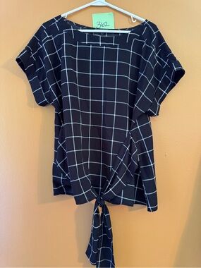 West Kei Black Windowpane Tie-Front Blouse
